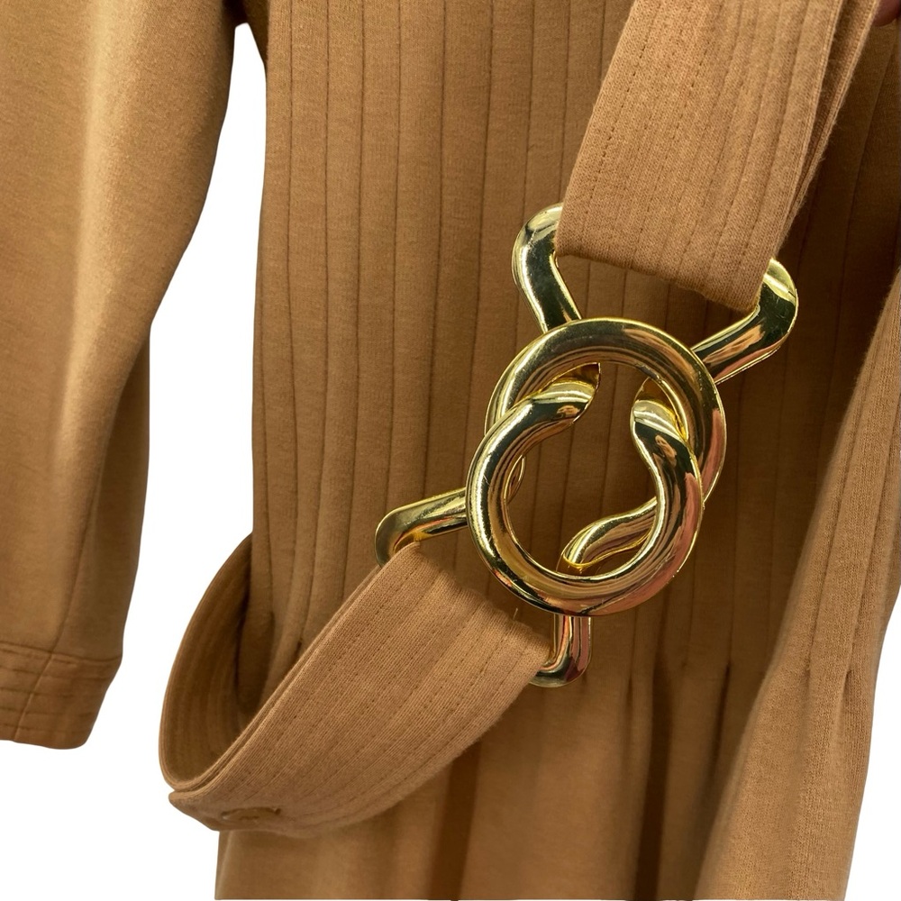 Elizabeth McKay The Pleated Belted Knit Dress Camel Brown - Picture 9 of 10